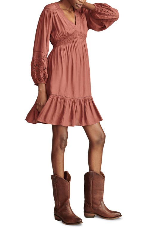 Shop Lucky Brand Cutwork Detail Long Sleeve Babydoll Minidress In Sable