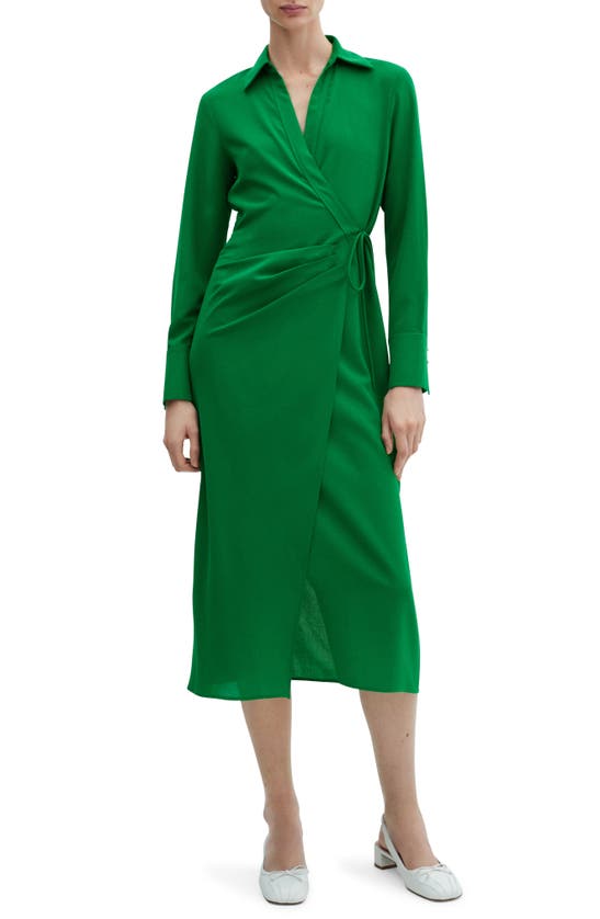 Shop Mango Collared Midi Wrap Dress In Green