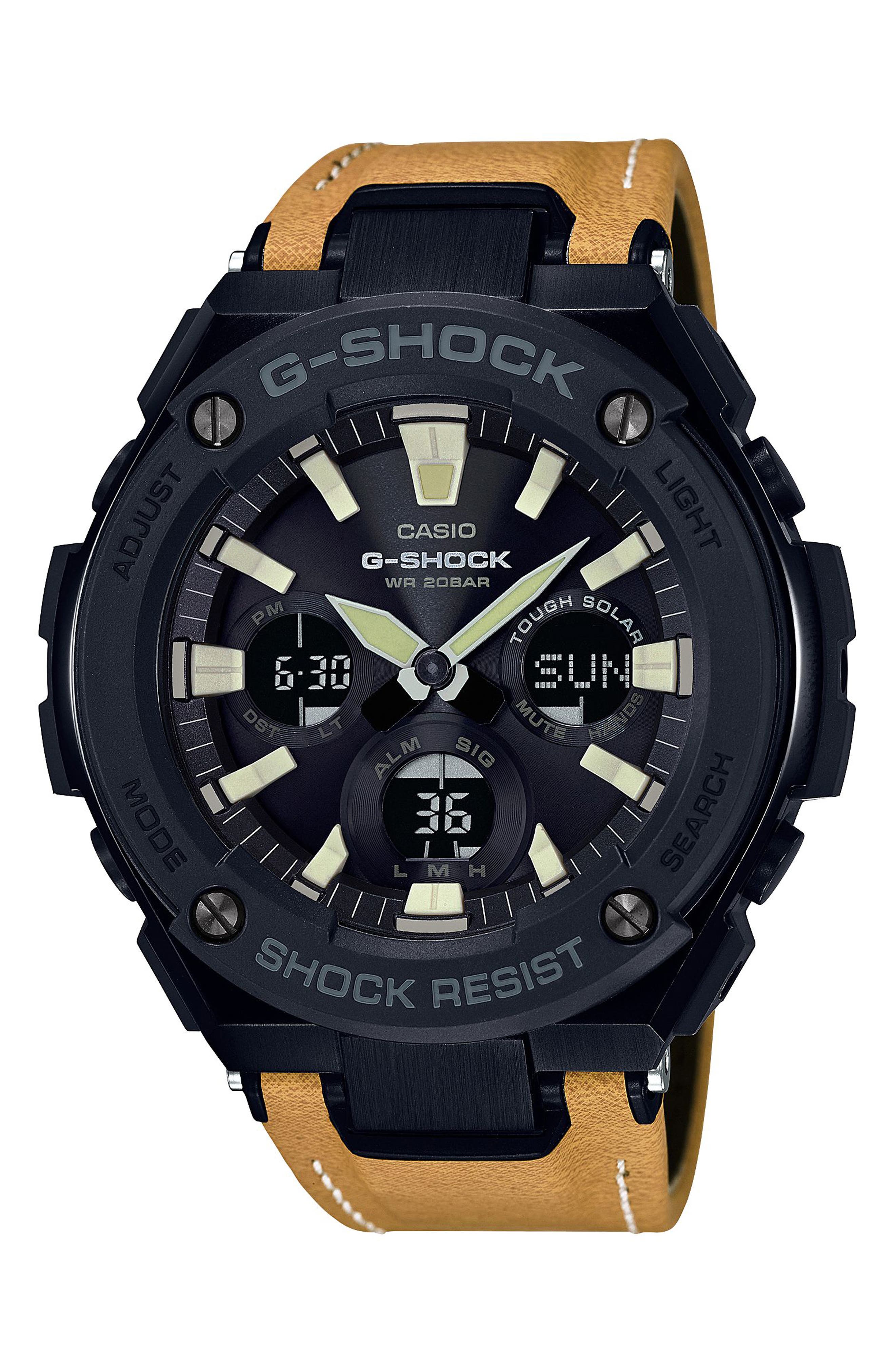 GShock GSteel Solar Leather Strap Watch, 59mm Nordstrom