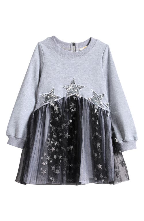 Truly Me Kids' Floating Star Long Sleeve Dress in Grey Black 