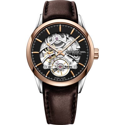 Raymond Weil Freelancer Skeletal Automatic Leather Strap Watch, 42Mm