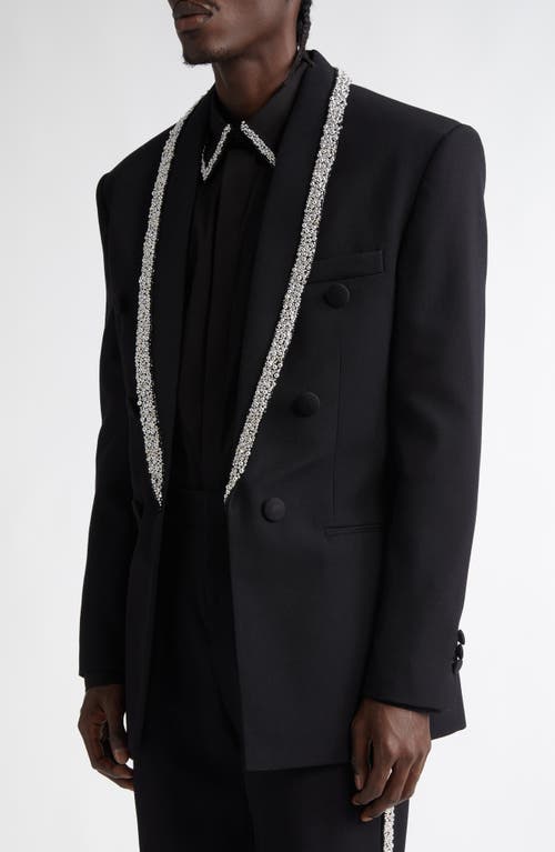 Shop Balmain Embellished Collar Wool Grain De Poudre Tuxedo Jacket In Black/crystal