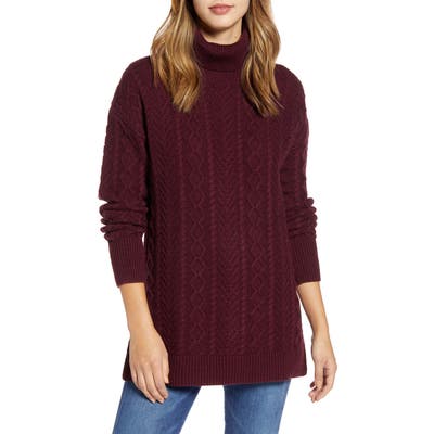 Petite Halogen Cable Turtleneck Tunic Sweater, Burgundy