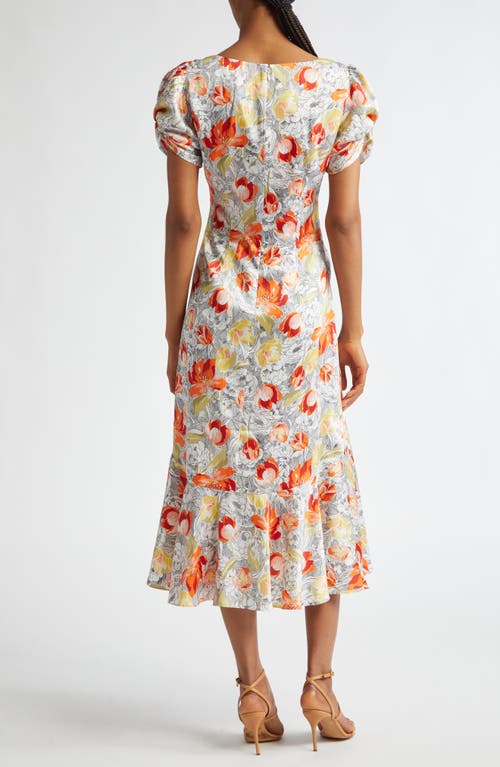 Cinq À Sept Ximena Draped Floral Puff-sleeve V-neck Midi Dress In Ivory Multi
