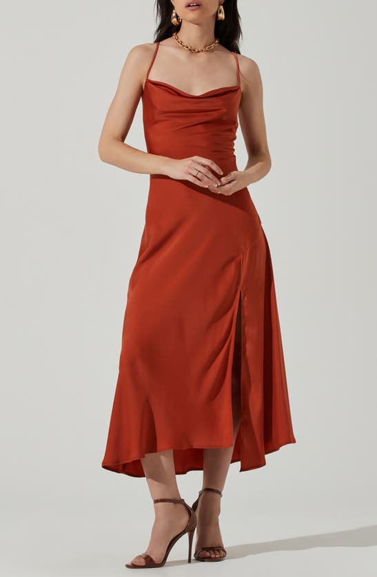 Shop Astr Cowl Neck Midi Dress In Rust