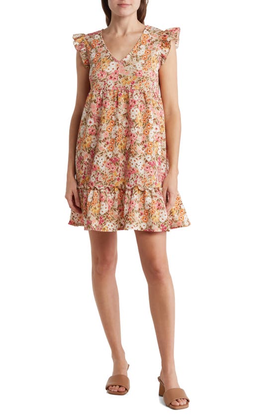 Tash And Sophie Ruffle Floral Babydoll Dress In Peach/ Multi