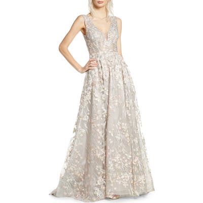 MAC Duggal Floral Embroidered V-Neck Gown, Ivory