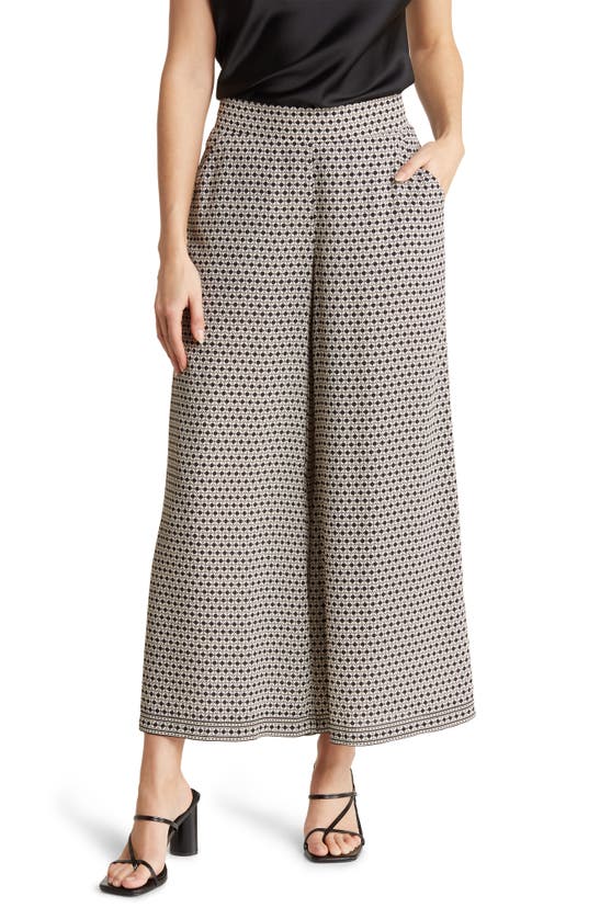 Max Studio Crepe Wide Leg Pants In Black/ Ivory Daisy Grid