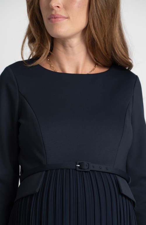 Shop Seraphine Belted Three-quarter Sleeve Stretch Mixed Media Maternity A-line Dress In Navy