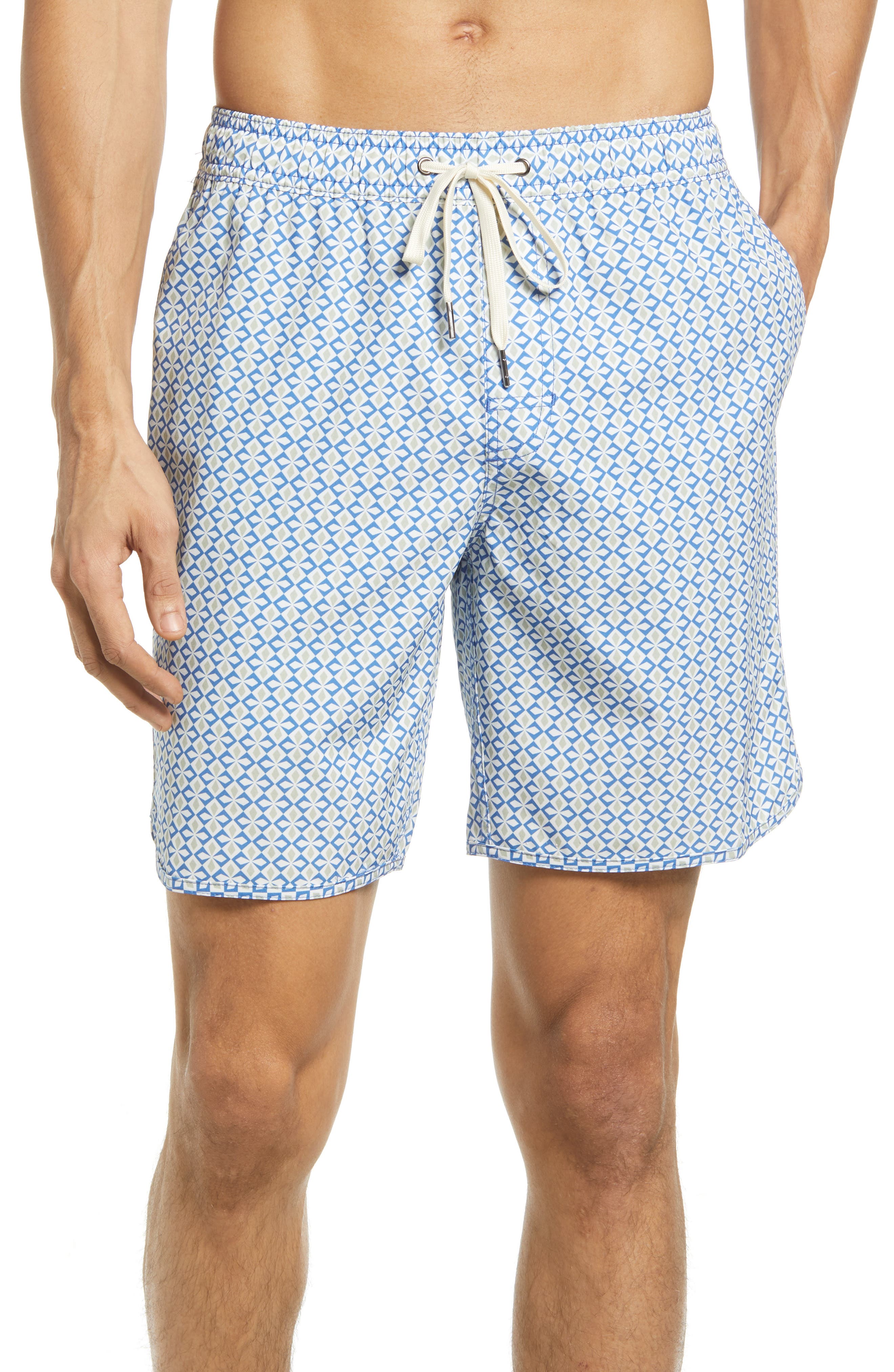 blue and white swim shorts