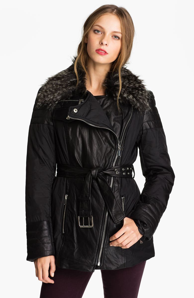 MICHAEL Michael Kors Mix Media Jacket with Faux Fur Trim | Nordstrom