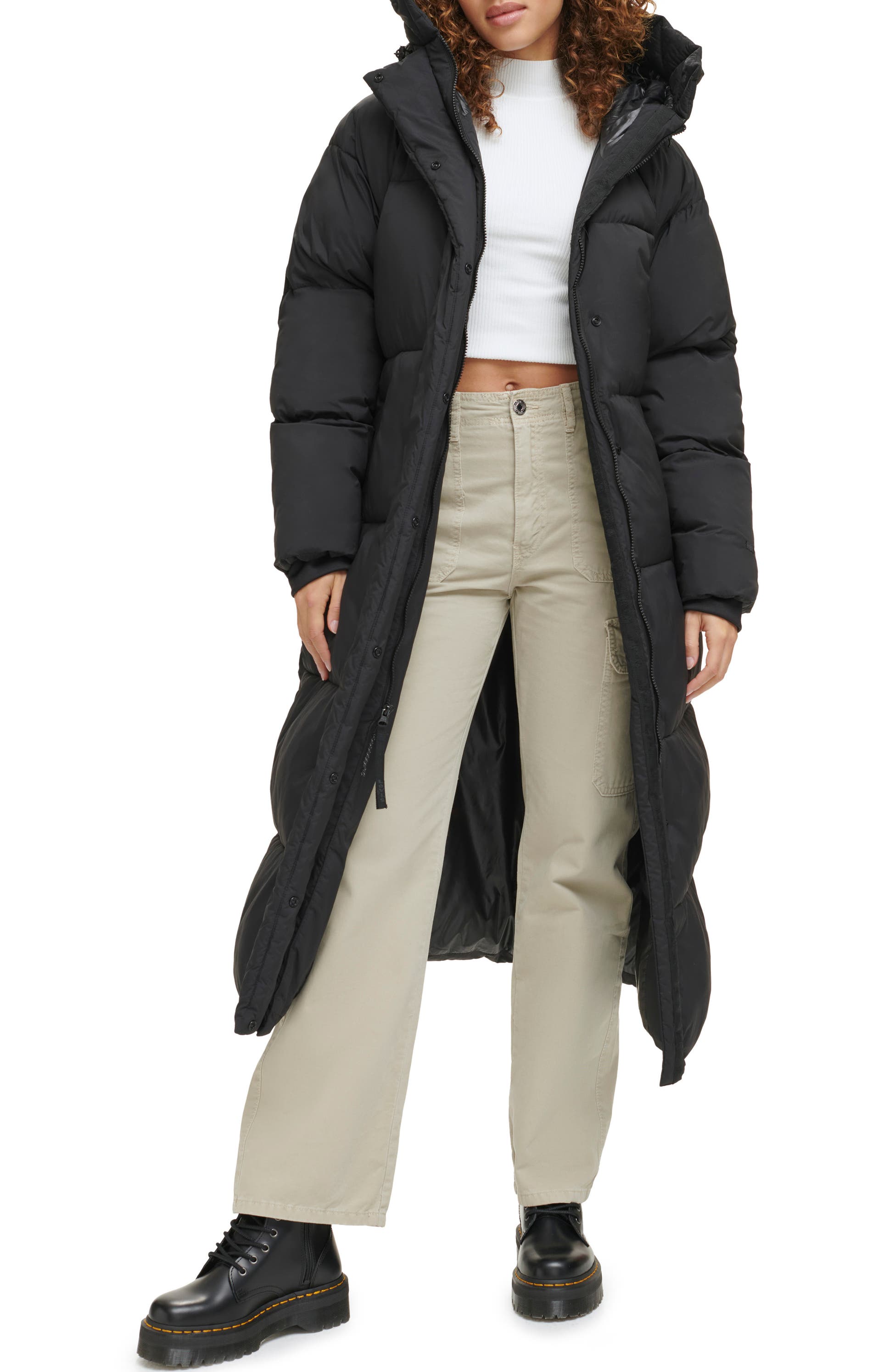 Levi's<sup>®</sup> Side Zip Hooded Maxi Puffer Jacket, Main, color, Black