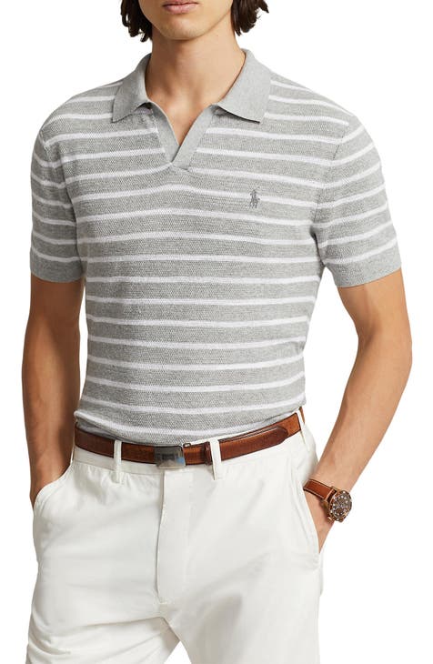 Stripe Johnny Collar Cotton & Linen Polo Sweater