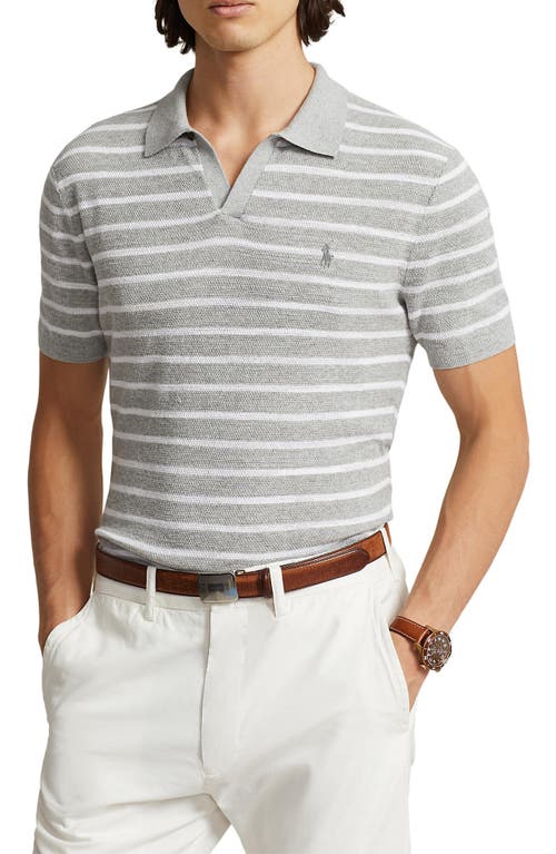Polo Ralph Lauren Stripe Johnny Collar Cotton & Linen Sweater Andover Heather Combo at Nordstrom,