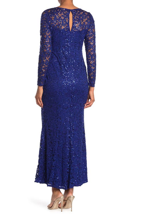Shop Marina Sequin Lace Long Sleeve Gown In Royal