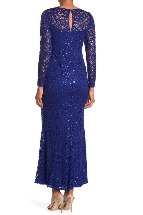 Marina Sequin Lace Long Sleeve Gown In Royal