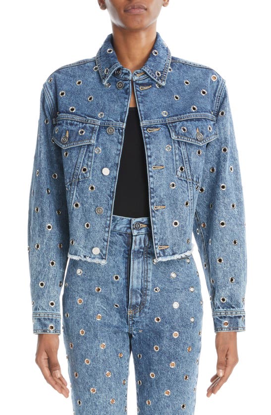 Alaïa Grommet Eyelet Crop Denim Jacket In Blue | ModeSens