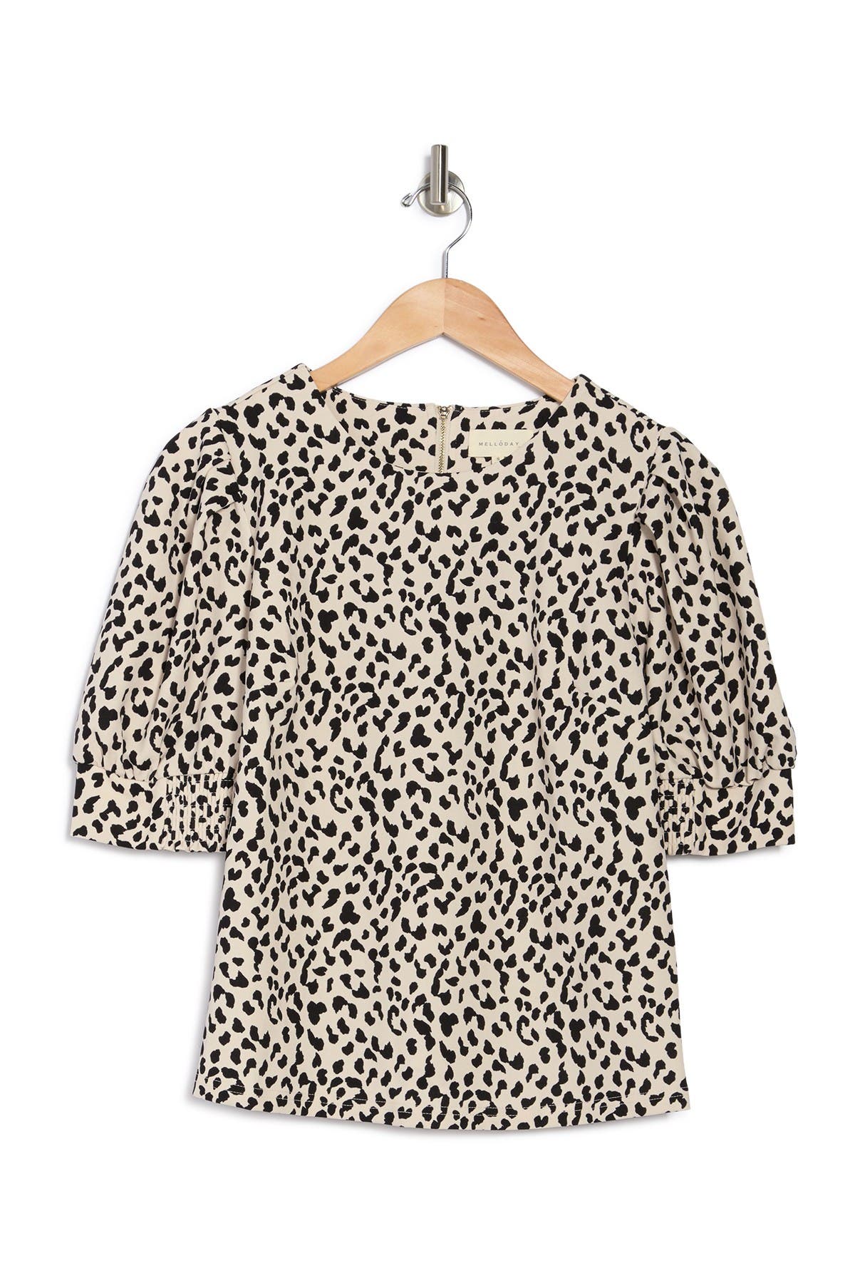Melloday Zip Back Puff Sleeve Knit Blouse In Ivory Black Animal