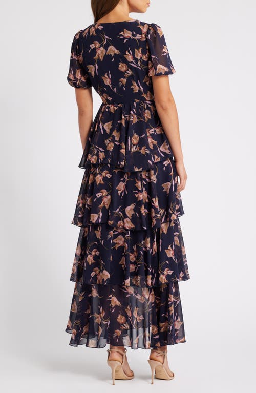 Shop Chelsea28 Floral Tiered Chiffon Dress In Navy Tulip Dance