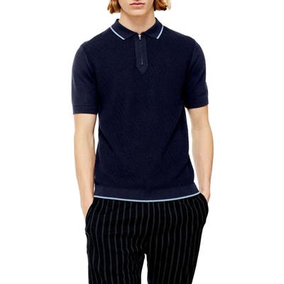 Topman Trim Fit Zip Sweater Polo, Blue