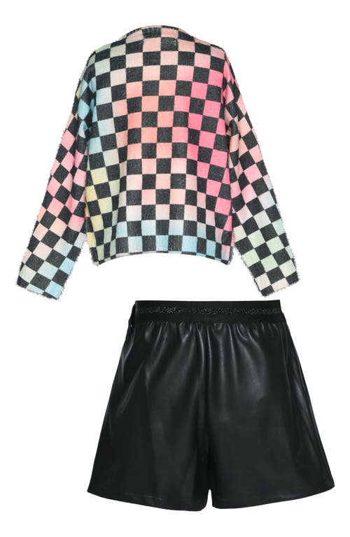 Shop Truly Me Kids' Checkerboard Print Sweater & Faux Leather Skort Set In Black