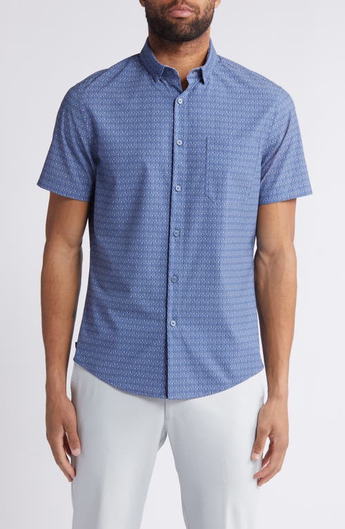 Shop Mizzen + Main Mizzen+main Leeward Trim Fit Print Short Sleeve Performance Button-up Shirt In Coastal Fjord Fern Geo