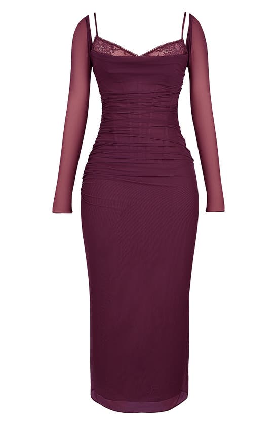 Shop House Of Cb Katrina Lace Mesh Long Sleeve Gown In Windsor Wine