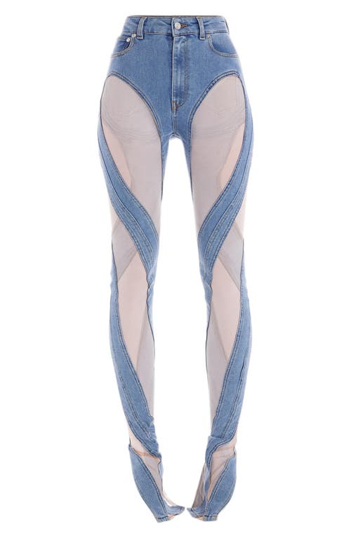 MUGLER Sheer Tulle Inset High Waist Skinny Jeans in Medium Blue /Nude 01