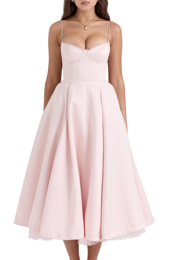 House Of Cb Mademoiselle Bustier Stretch Satin Midi Dress In Pink Salt