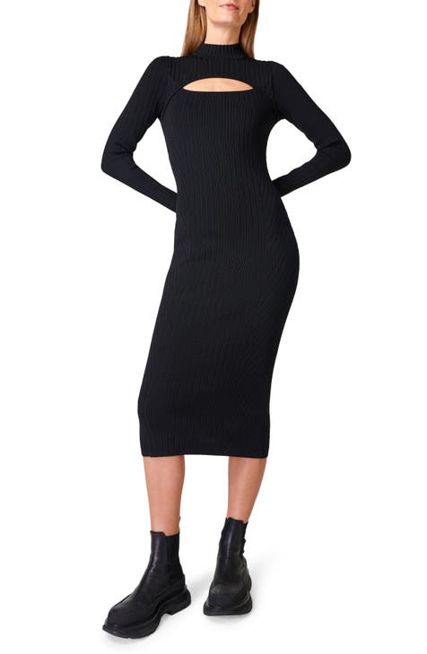 Cutaway Long Sleeve Knit Midi Dress