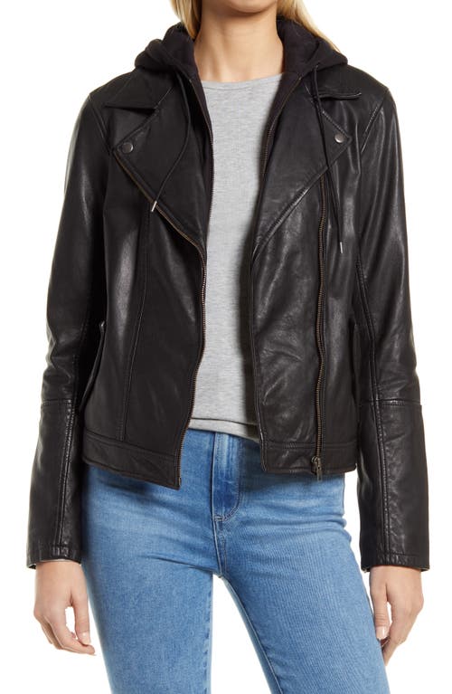 Caslon(R) Leather Moto Jacket with Removable Hood in Black