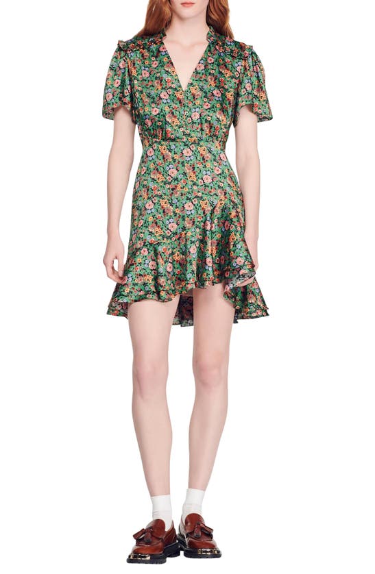 Sandro Short-sleeved Dress With Floral Print In Green Orange