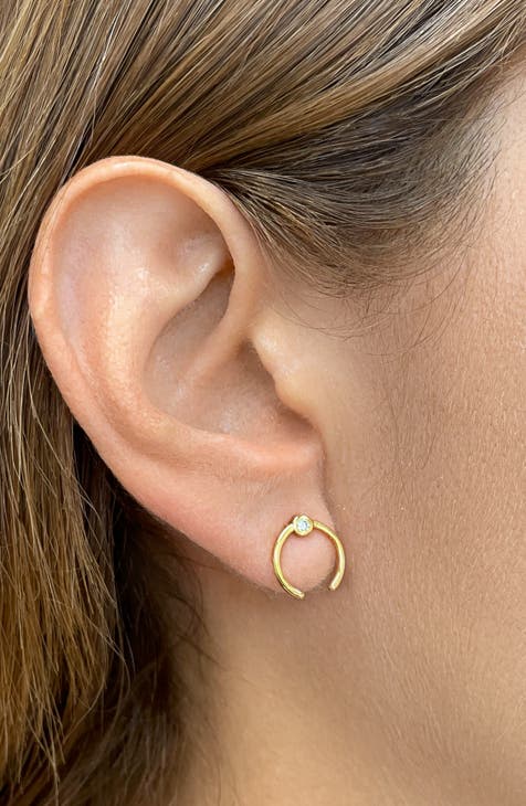14K Yellow Gold Plated Brass Bezel Crystal Open Front Facing Hoop Earrings