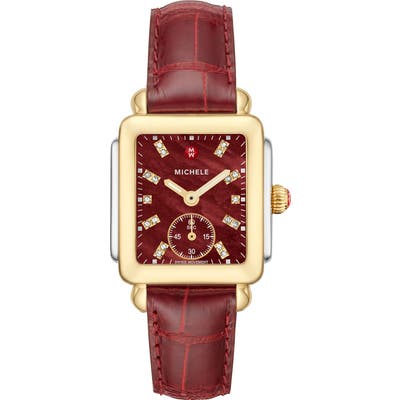 Michele Deco Diamond Watch Head & Leather Strap Watch, 2m X 31Mm