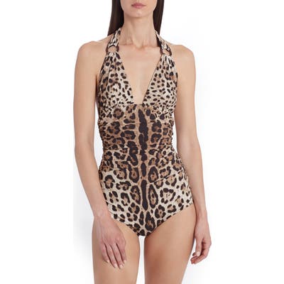Dolce & gabbana Leopard Print One-Piece Swimsuit, Brown