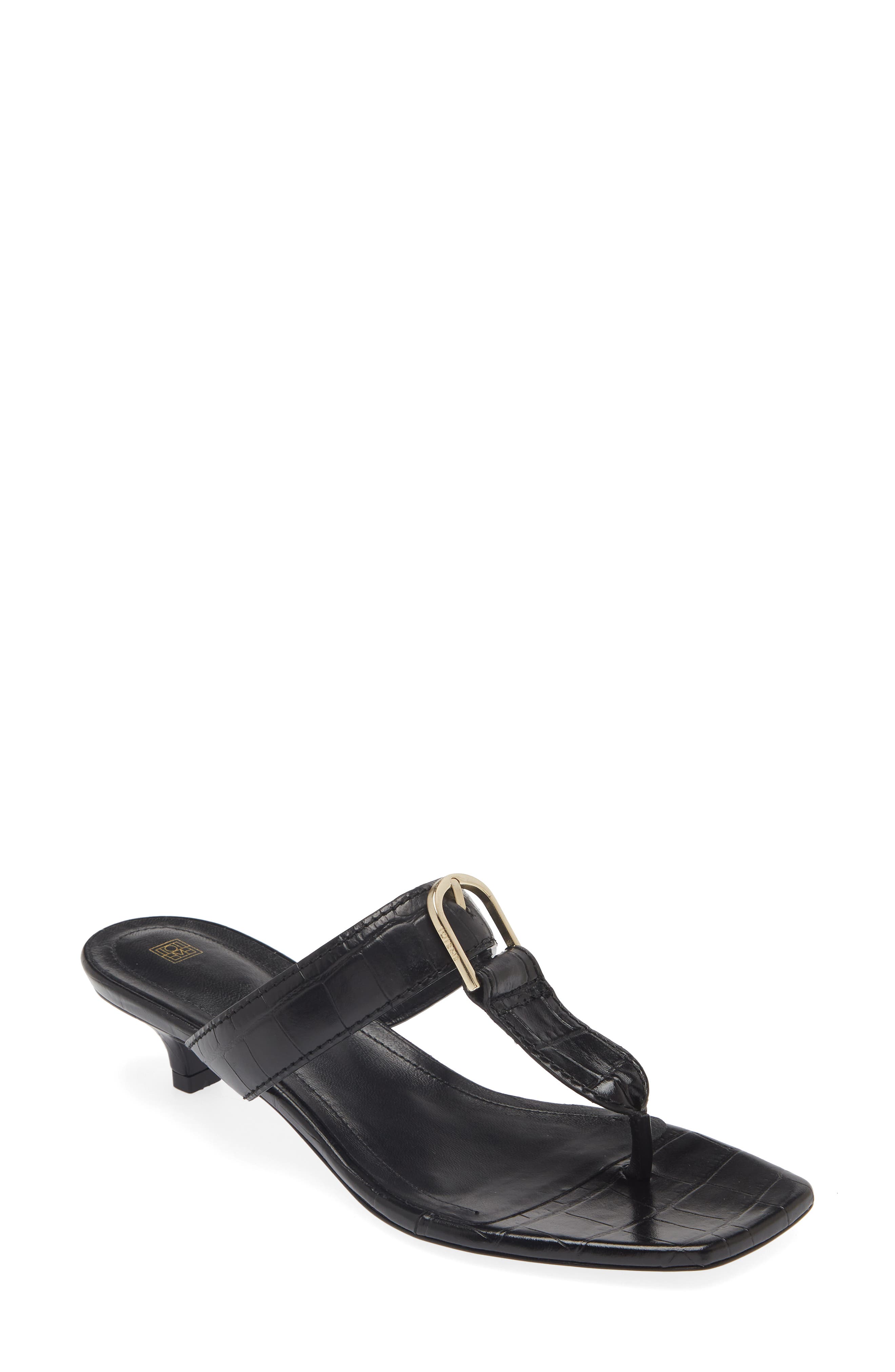 TOTEME Croc Embossed Buckle T-Strap Kitten Heel Sandal in