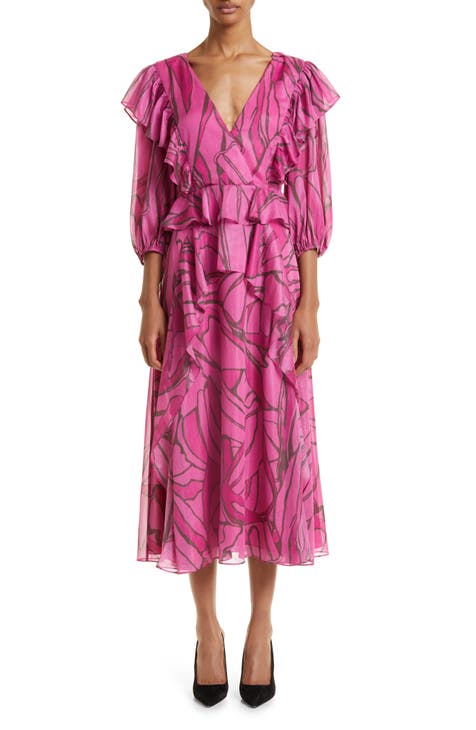 Victoir Abstract Print Chiffon Ruffle Dress