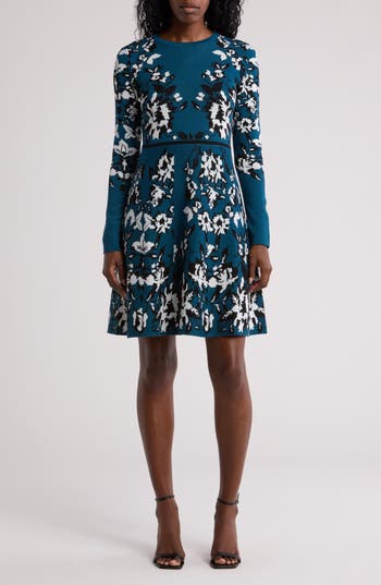 Eliza J Floral Long Sleeve Dress In Teal