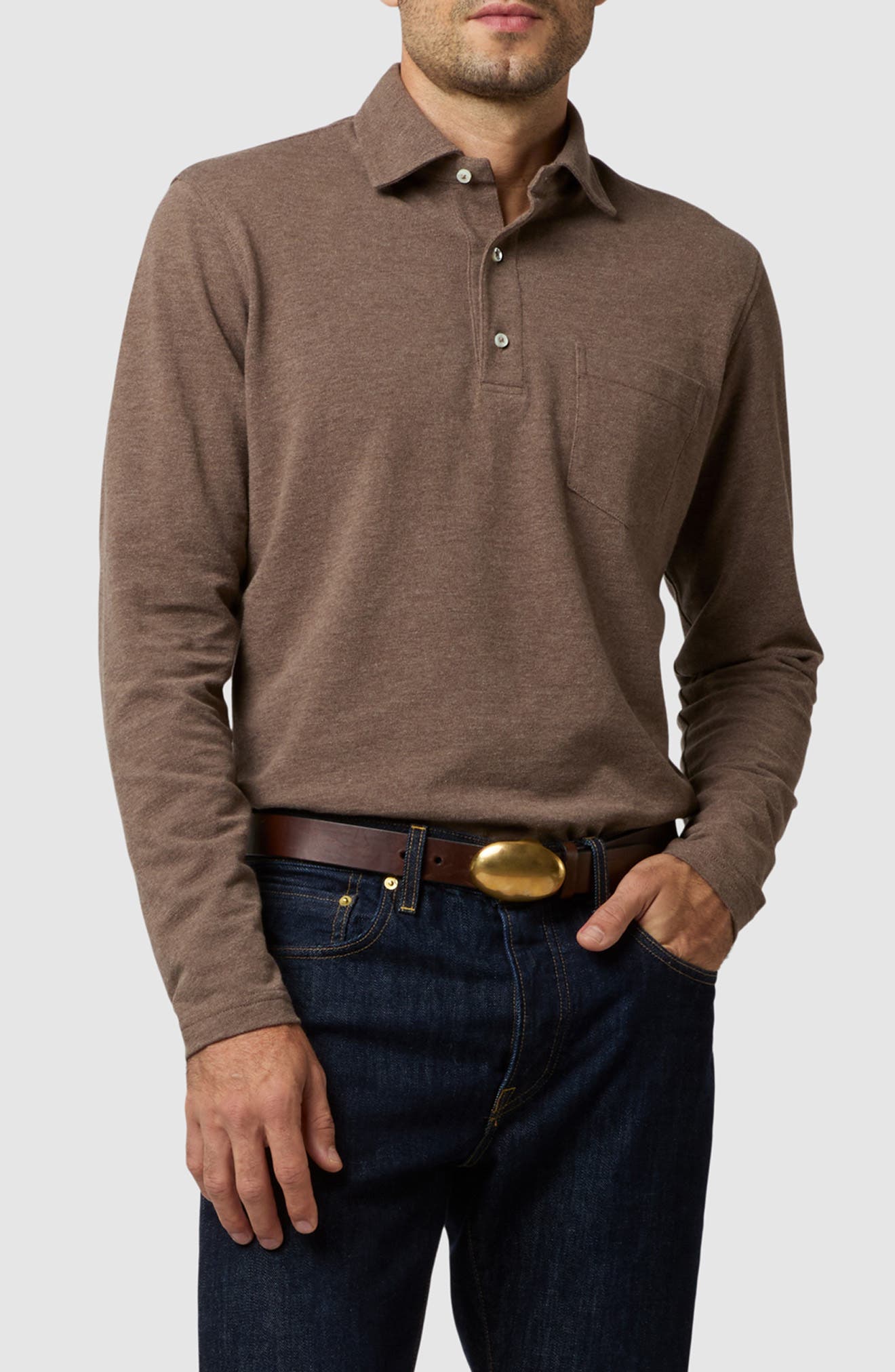 Sid Mashburn Pima Cotton Long Sleeve Polo in Heather Oat Pique 