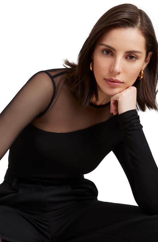 Shop Marcella Milo Long Sleeve Mesh & Jersey Top In Black