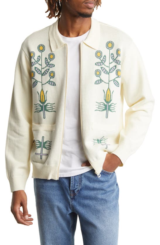 Obey Totem Floral Zip-up Cotton Cardigan In Unbleached