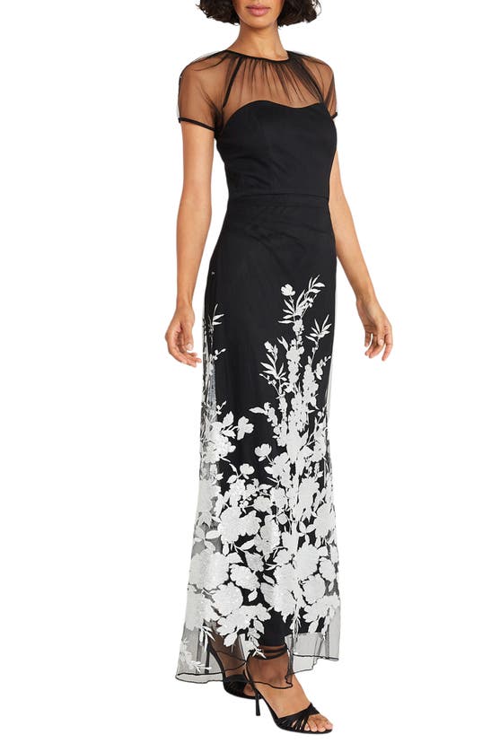 Maggy London Floral Appliqué Detail Mesh Gown In Black/ Silver