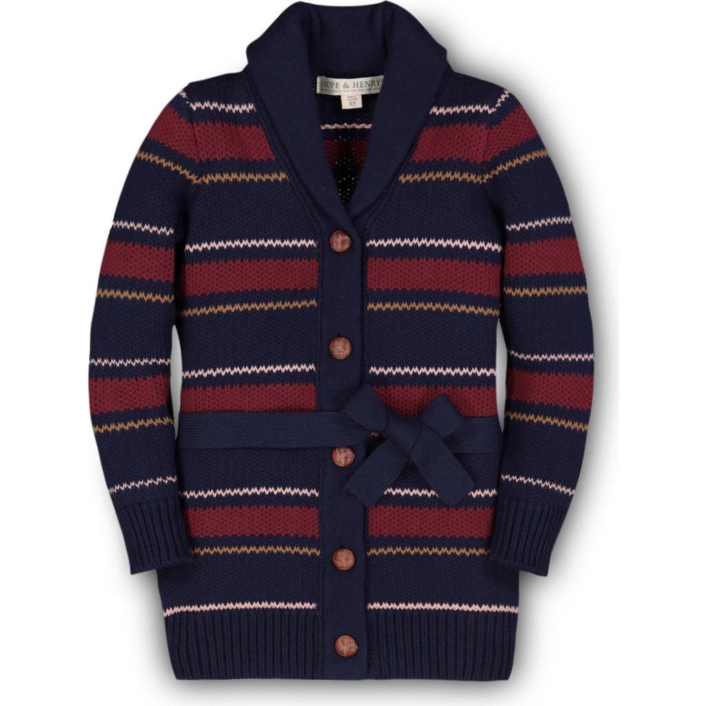 Hope & Henry Girls' Shawl Collar Cardigan With Waist Tie, Kids In Navy And Berry Multi Stripe