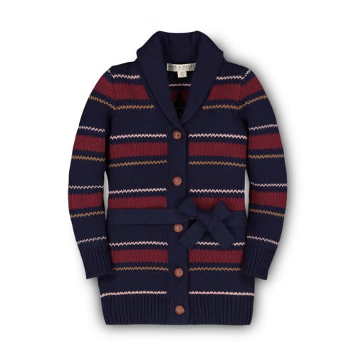 Hope & Henry Baby Girls' Shawl Collar Cardigan With Waist Tie, Infant In Navy And Berry Multi Stripe