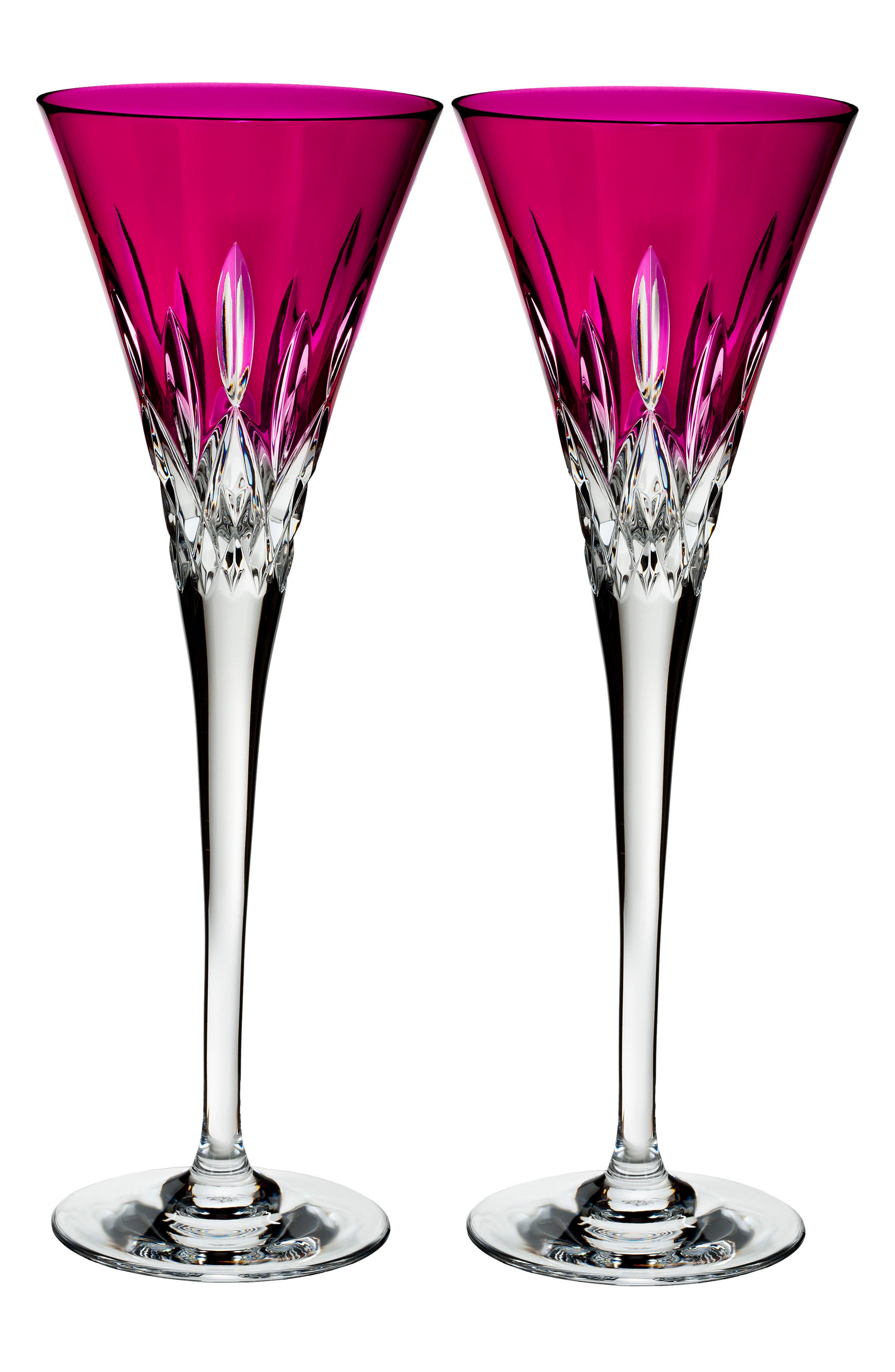 Waterford Lismore Pops Set of 2 Hot Pink Lead Crystal Champagne Flutes