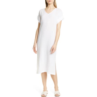 Petite Eileen Fisher Organic Cotton Midi Dress, White