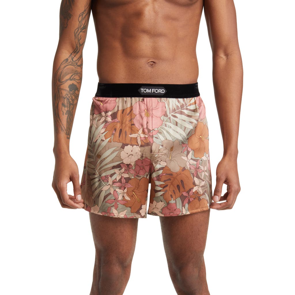 Tom Ford Floral Print Stretch Silk Boxers In Pink/green