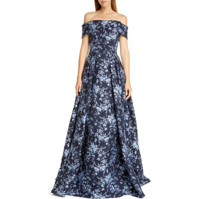 Pamella Roland Floral Jacquard Off The Shoulder Ballgown, Blue