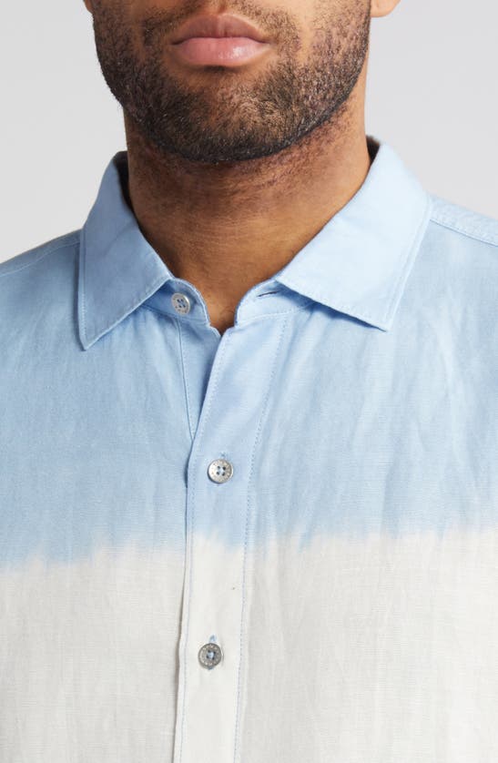 Shop Tommy Bahama Tie Dye One On Short Sleeve Linen Blend Button-up Shirt In Chambray Blue