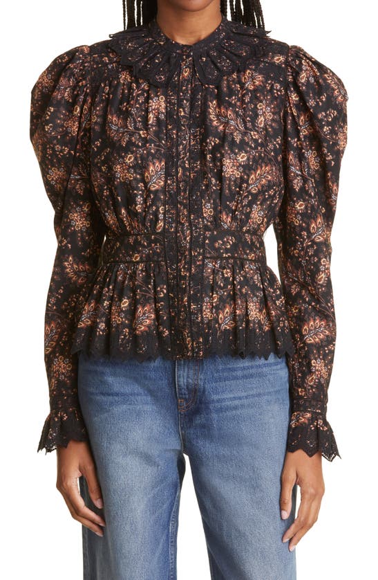 Ulla Johnson Brigitte Lace-trimmed Paisley-print Cotton Blouse In Minuit